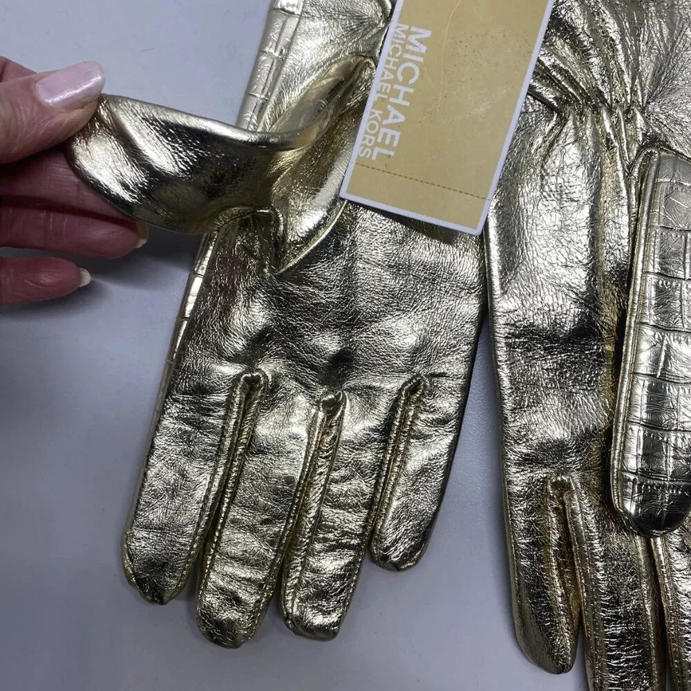 Michael Kors Women's Metallic Crocodile Embossed Leather Gloves – Size M – Gold